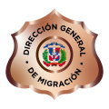 logo of the General Directorate of Migration of the Dominican Republic, in the shape of an insignia with the national coat of arms in the center surrounded by the name of the institution.