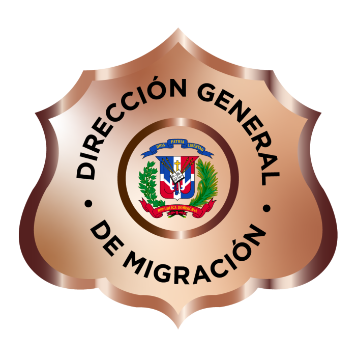 logo of the General Directorate of Migration of the Dominican Republic, in the shape of an insignia with the national coat of arms in the center surrounded by the name of the institution.