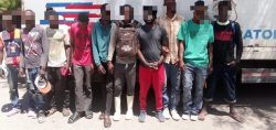 Extranjeros irregulares detenidos, todos parados frente a camión control migratorio.